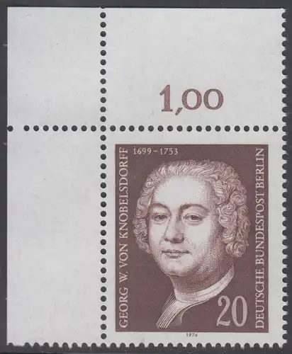 BERLIN 1974 Michel-Nummer 464 postfrisch EINZELMARKE ECKRAND oben links - Georg Wenzeslaus von Knobelsdorff, Baumeister und Maler