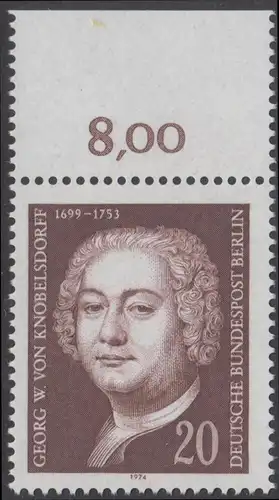 BERLIN 1974 Michel-Nummer 464 postfrisch EINZELMARKE RAND oben (g) - Georg Wenzeslaus von Knobelsdorff, Baumeister und Maler