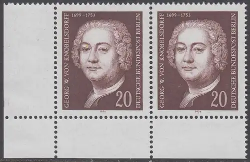 BERLIN 1974 Michel-Nummer 464 postfrisch horiz.PAAR ECKRAND unten links - Georg Wenzeslaus von Knobelsdorff, Baumeister und Maler