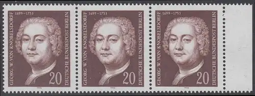 BERLIN 1974 Michel-Nummer 464 postfrisch horiz.STRIP(3) RAND rechts - Georg Wenzeslaus von Knobelsdorff, Baumeister und Maler