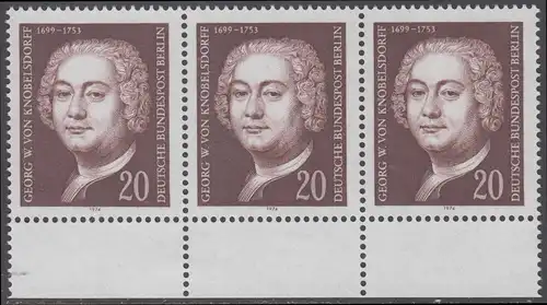 BERLIN 1974 Michel-Nummer 464 postfrisch horiz.STRIP(3) RÄNDER unten - Georg Wenzeslaus von Knobelsdorff, Baumeister und Maler