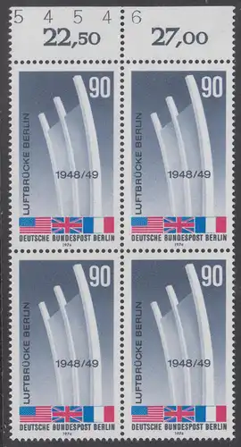 BERLIN 1974 Michel-Nummer 466 postfrisch BLOCK RÄNDER oben (a03/BZ) - Beendigung der Blockade Berlins; Berliner Luftbrücke