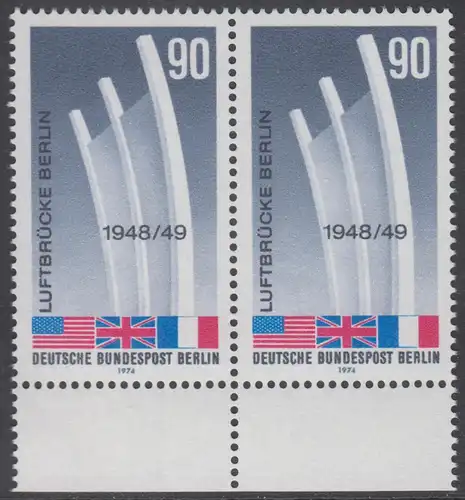 BERLIN 1974 Michel-Nummer 466 postfrisch horiz.PAAR RÄNDER unten - Beendigung der Blockade Berlins; Berliner Luftbrücke
