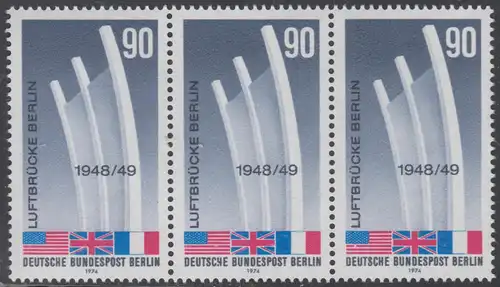 BERLIN 1974 Michel-Nummer 466 postfrisch horiz.STRIP(3) - Beendigung der Blockade Berlins; Berliner Luftbrücke