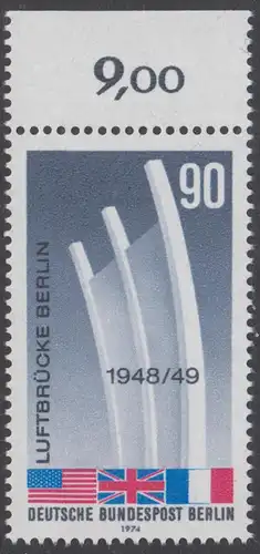 BERLIN 1974 Michel-Nummer 466 postfrisch EINZELMARKE RAND oben (a) - Beendigung der Blockade Berlins; Berliner Luftbrücke