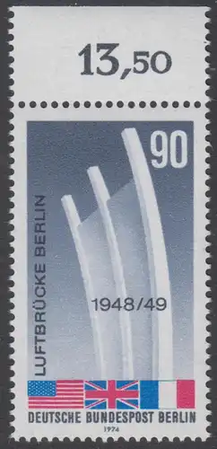BERLIN 1974 Michel-Nummer 466 postfrisch EINZELMARKE RAND oben (b) - Beendigung der Blockade Berlins; Berliner Luftbrücke