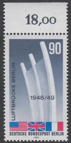 BERLIN 1974 Michel-Nummer 466 postfrisch EINZELMARKE RAND oben (c) - Beendigung der Blockade Berlins; Berliner Luftbrücke
