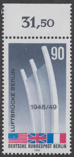 BERLIN 1974 Michel-Nummer 466 postfrisch EINZELMARKE RAND oben (f) - Beendigung der Blockade Berlins; Berliner Luftbrücke