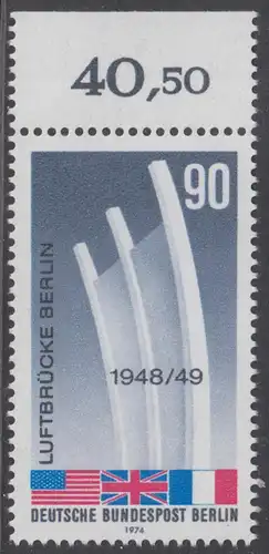 BERLIN 1974 Michel-Nummer 466 postfrisch EINZELMARKE RAND oben (k) - Beendigung der Blockade Berlins; Berliner Luftbrücke