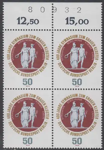 BERLIN 1974 Michel-Nummer 472 postfrisch BLOCK RÄNDER oben (a06) - Gymnasium zum Grauen Kloster, Berlin