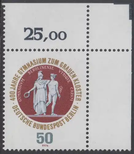 BERLIN 1974 Michel-Nummer 472 postfrisch EINZELMARKE ECKRAND oben rechts - Gymnasium zum Grauen Kloster, Berlin