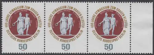 BERLIN 1974 Michel-Nummer 472 postfrisch horiz.STRIP(3) RAND rechts - Gymnasium zum Grauen Kloster, Berlin