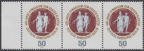 BERLIN 1974 Michel-Nummer 472 postfrisch horiz.STRIP(3) RAND links - Gymnasium zum Grauen Kloster, Berlin