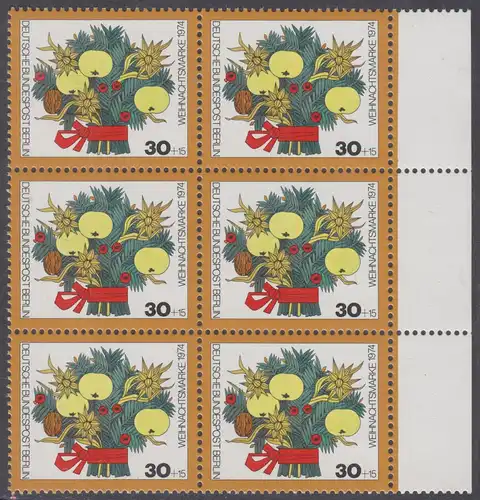 BERLIN 1974 Michel-Nummer 481 postfrisch vert.BLOCK(6) RÄNDER rechts - Weihnachten