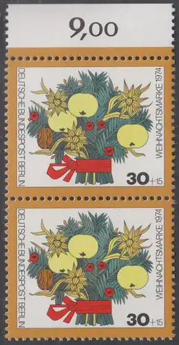 BERLIN 1974 Michel-Nummer 481 postfrisch vert.PAAR RAND oben (a) - Weihnachten