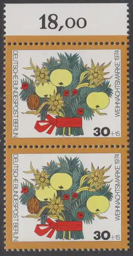 BERLIN 1974 Michel-Nummer 481 postfrisch vert.PAAR RAND oben (c) - Weihnachten