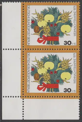 BERLIN 1974 Michel-Nummer 481 postfrisch vert.PAAR ECKRAND unten links - Weihnachten