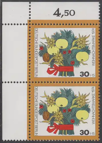 BERLIN 1974 Michel-Nummer 481 postfrisch vert.PAAR ECKRAND oben links - Weihnachten