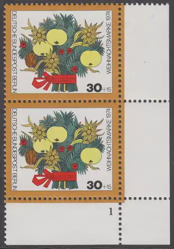 BERLIN 1974 Michel-Nummer 481 postfrisch vert.PAAR ECKRAND unten rechts m/ Formnummer - Weihnachten