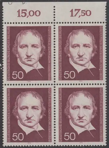 BERLIN 1975 Michel-Nummer 482 postfrisch BLOCK RÄNDER oben (a04/Bogenzähler) - Gottfried Schadow, Bildhauer und Grafiker