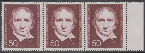 BERLIN 1975 Michel-Nummer 482 postfrisch horiz.STRIP(3) RAND rechts - Gottfried Schadow, Bildhauer und Grafiker