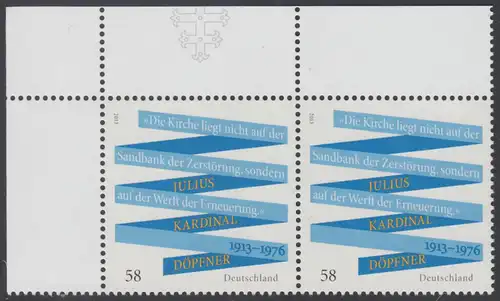 BUND 2013 Michel-Nummer 3026 postfrisch horiz.PAAR ECKRAND oben links