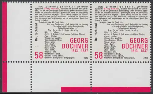 BUND 2013 Michel-Nummer 3031 postfrisch horiz.PAAR ECKRAND unten links