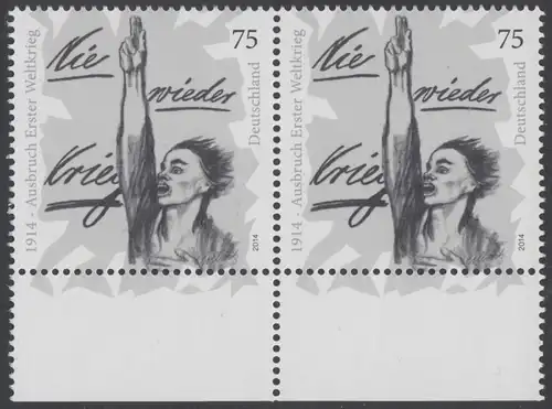 BUND 2014 Michel-Nummer 3100 postfrisch horiz.PAAR RÄNDER unten 