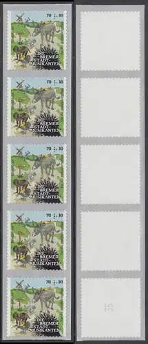 BUND 2017 Michel-Nummer 3287 postfrisch vert.STRIP(5) m/ rückseitiger Nr. (35) -Rollenmarken / selbstklebend-