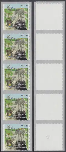 BUND 2017 Michel-Nummer 3287 postfrisch vert.STRIP(5) m/ rückseitiger Nr. (40) -Rollenmarken / selbstklebend-