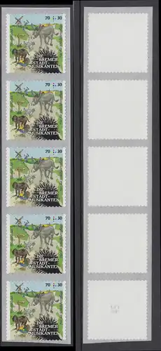 BUND 2017 Michel-Nummer 3287 postfrisch vert.STRIP(5) m/ rückseitiger Nr. (45) -Rollenmarken / selbstklebend-