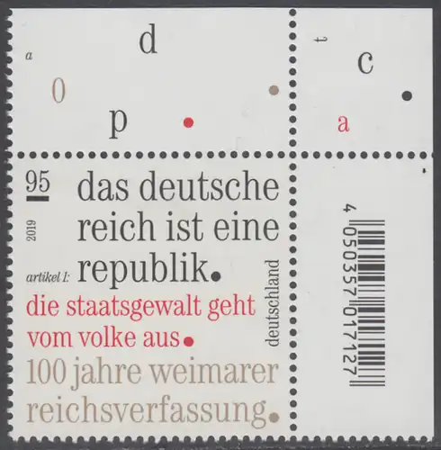 BUND 2019 Michel-Nummer 3488 postfrisch EINZELMARKE ECKRAND oben rechts