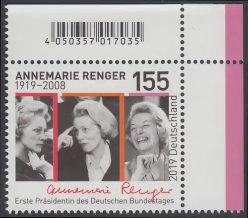 BUND 2019 Michel-Nummer 3499 postfrisch EINZELMARKE ECKRAND oben rechts