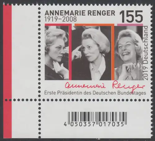 BUND 2019 Michel-Nummer 3499 postfrisch EINZELMARKE ECKRAND unten links