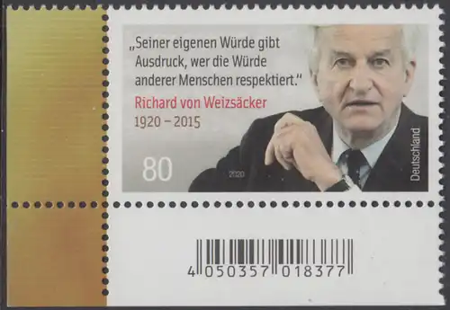 BUND 2020 Michel-Nummer 3539 postfrisch EINZELMARKE ECKRAND unten links