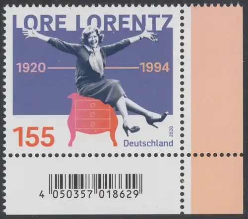 BUND 2020 Michel-Nummer 3565 postfrisch EINZELMARKE ECKRAND unten rechts