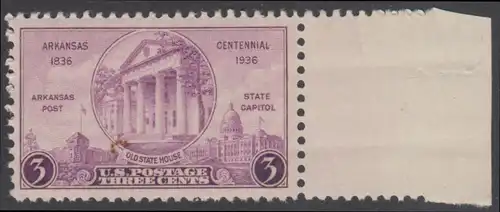 USA Michel 0387 / Scott 0782 postfrisch EINZELMARKE RAND rechts - 100 Jahre Staat Arkansas: „Arkansas Post“, altes und neues Regierungsgebäude in Little Rock, AK