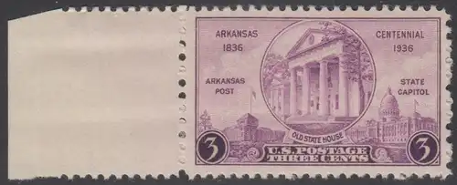 USA Michel 0387 / Scott 0782 postfrisch EINZELMARKE RAND links - 100 Jahre Staat Arkansas: „Arkansas Post“, altes und neues Regierungsgebäude in Little Rock, AK