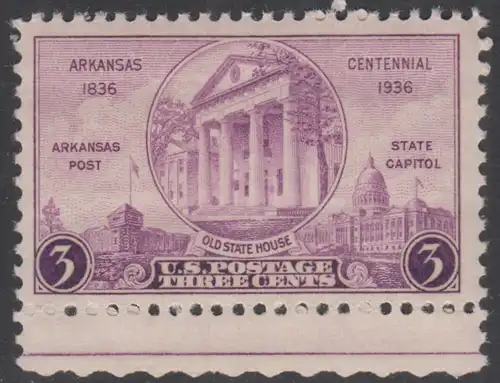 USA Michel 0387 / Scott 0782 postfrisch EINZELMARKE RAND unten - 100 Jahre Staat Arkansas: „Arkansas Post“, altes und neues Regierungsgebäude in Little Rock, AK