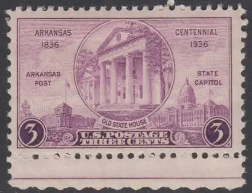 USA Michel 0387 / Scott 0782 postfrisch EINZELMARKE RAND unten (a1) - 100 Jahre Staat Arkansas: „Arkansas Post“, altes und neues Regierungsgebäude in Little Rock, AK