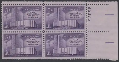 USA Michel 0698 / Scott 1076 postfrisch PLATEBLOCK ECKRAND oben rechts m/Platten-# 25375 - 5. Internationale Briefmarkenausstellung FIPEX, New York, Kolumbus-Denkmal 