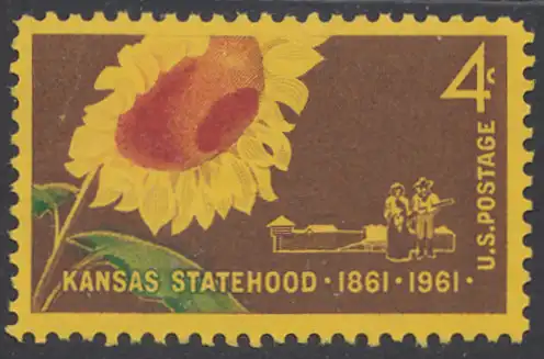 USA Michel 0809 / Scott 1183 postfrisch  (Gummierung beeinträchtigt) EINZELMARKE - 100 Jahre Staat Kansas: Sonnenblume (Staatsblume), Pionierpaar vor Pallisade