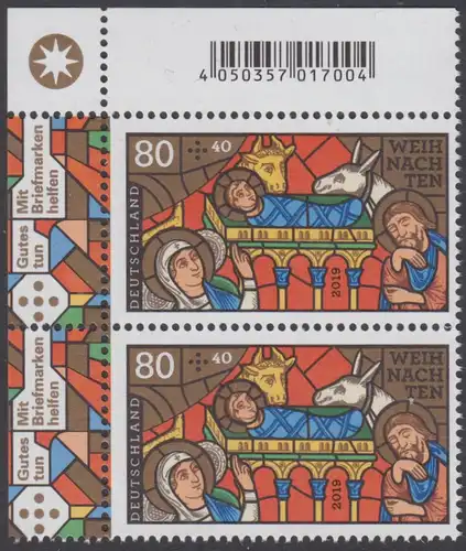 BUND 2019 Michel-Nummer 3495 postfrisch vert.PAAR ECKRAND oben links