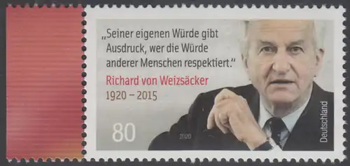 BUND 2020 Michel-Nummer 3539 postfrisch EINZELMARKE RAND links (b)