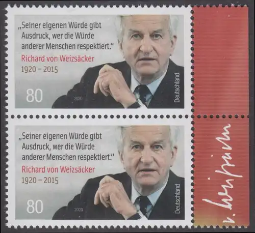 BUND 2020 Michel-Nummer 3539 postfrisch vert.PAAR RÄNDER rechts