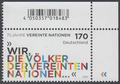 BUND 2020 Michel-Nummer 3549 postfrisch EINZELMARKE ECKRAND oben rechts