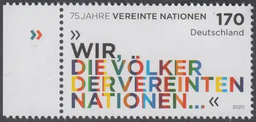 BUND 2020 Michel-Nummer 3549 postfrisch EINZELMARKE RAND unten links (a)