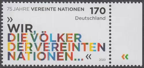 BUND 2020 Michel-Nummer 3549 postfrisch EINZELMARKE RAND unten rechts (a)