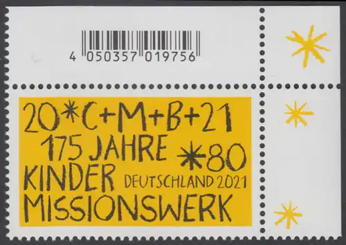BUND 2021 Michel-Nummer 3582 postfrisch EINZELMARKE ECKRAND oben rechts