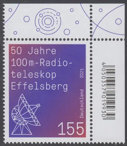 BUND 2021 Michel-Nummer 3599 postfrisch EINZELMARKE ECKRAND oben rechts